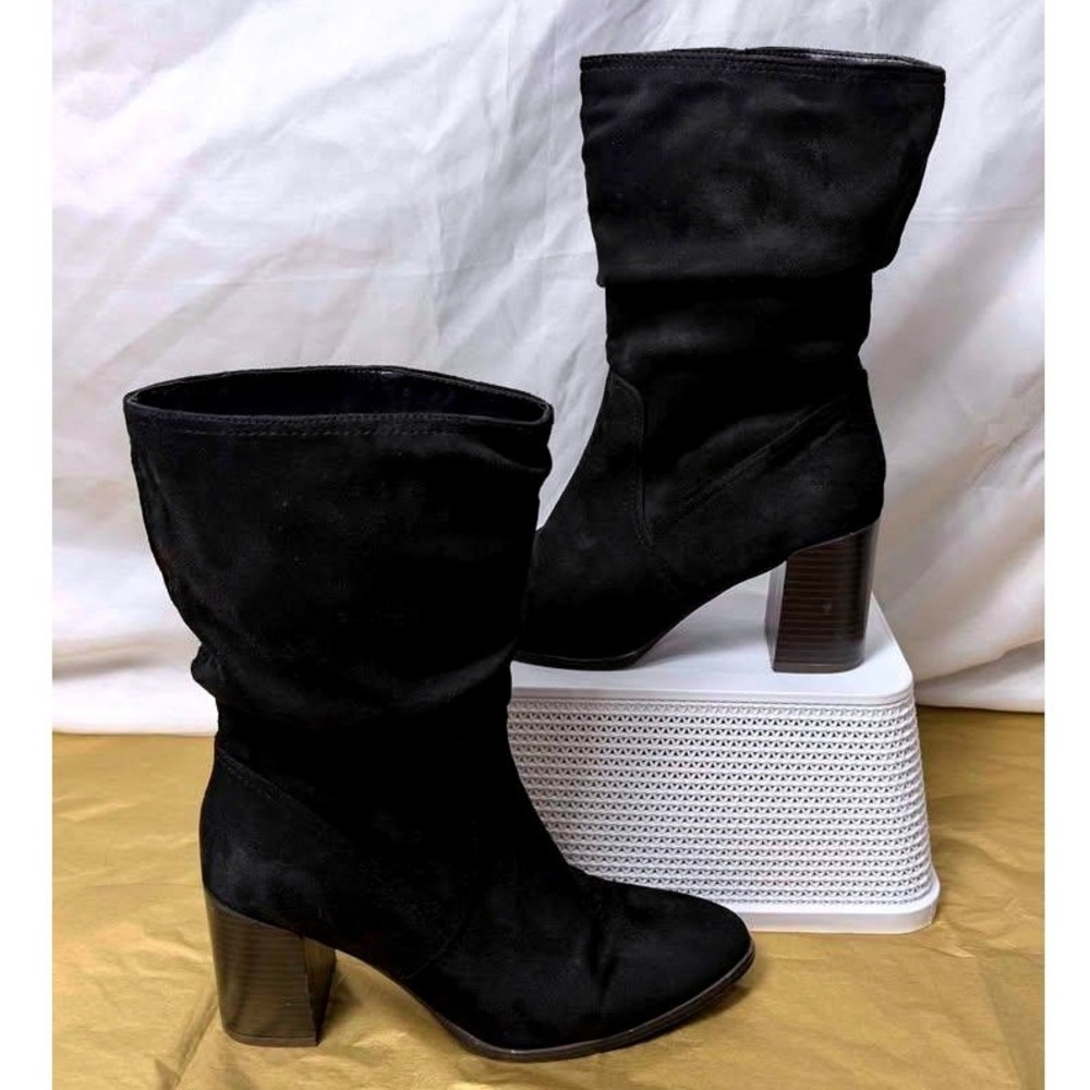Unbranded ~ Slouch Mid-Calf Boots ~ Women 8.5 ~ Black Block Heel ~ Faux Suede
